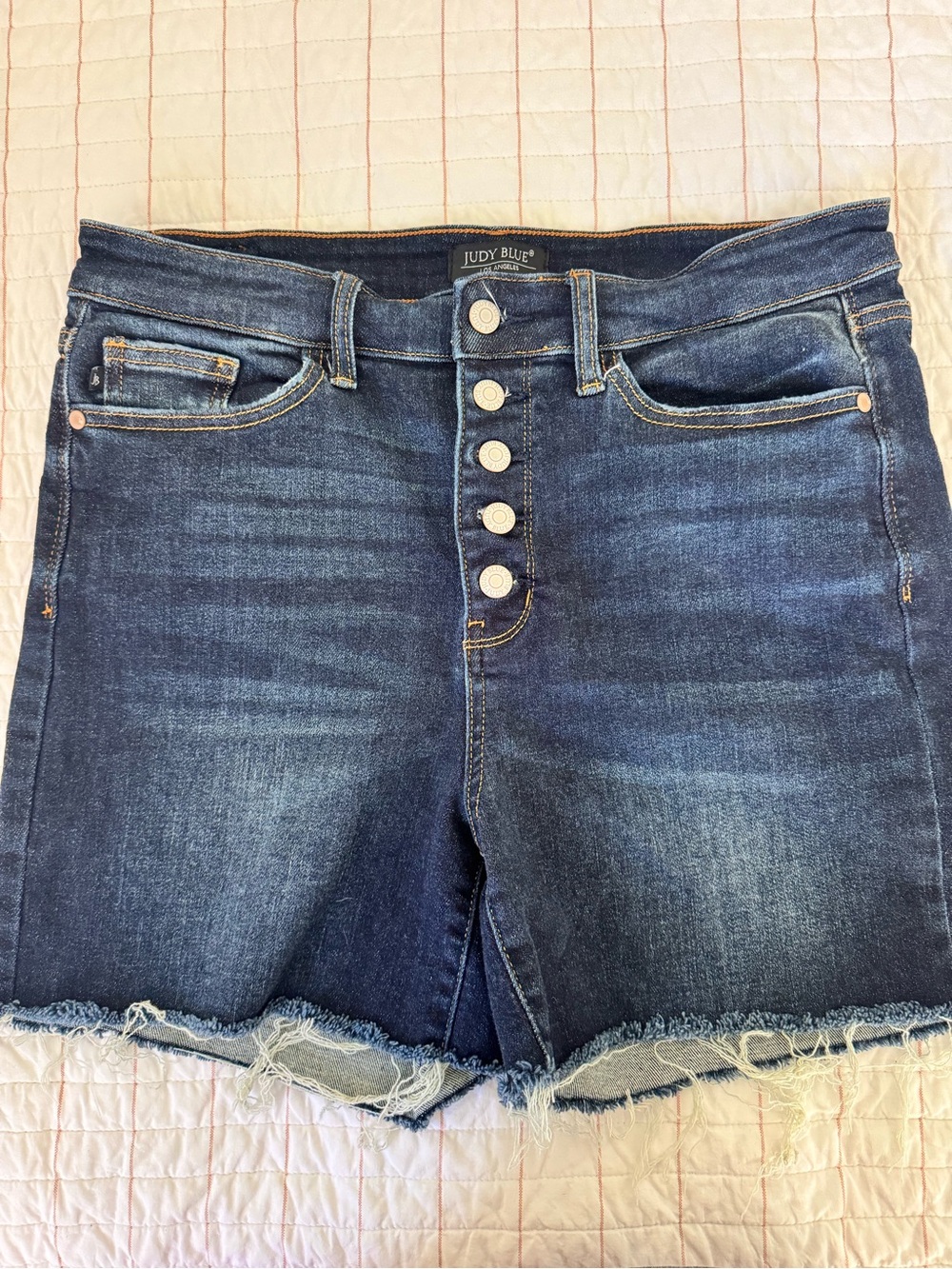Judy Blue Denim Shorts Sz: XL Blue Stretch Raw Hem Mid Rise Jean Button Fly
